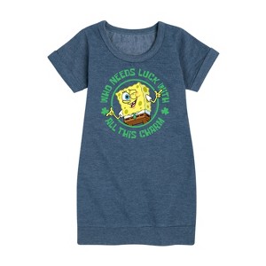 - SpongeBob Squarepants - Who Needs Luck With This Charm Graphic Short Sleeve Fleece Dress - 1 of 4