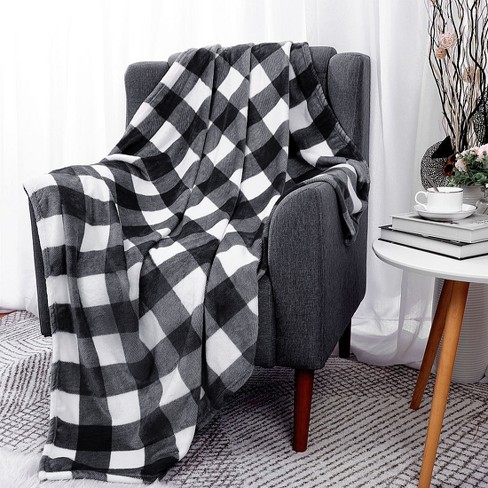 PiccoCasa Plaid Flannel Fleece Buffalo Soft Plush Blankets Black and White  60x78