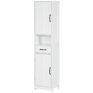 kleankin Slim Bathroom Storage Cabinet, Tall Bathroom Cabinet, Linen Tower with Open Shelf, Drawer, Recessed Doors, and Adjustable Shelves, White - 1 of 4