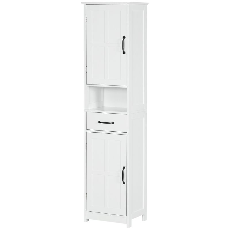 kleankin Slim Bathroom Storage Cabinet, Tall Bathroom Cabinet, Linen Tower with Open Shelf, Drawer, Recessed Doors, and Adjustable Shelves, White, 1 of 7