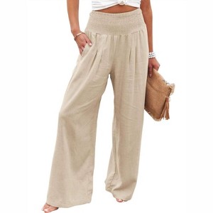 Coolmee Women Casual Linen Palazzo Pants Boho Wide Leg High Waist Lounge Pant Travel Vacation Outfits - 1 of 4