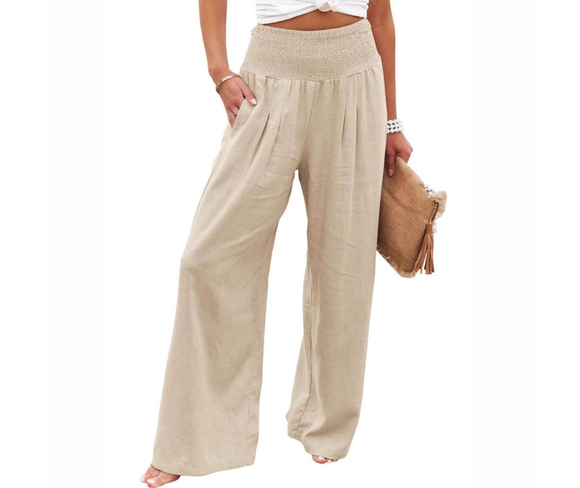 Coolmee Women Casual Linen Palazzo Pants Boho Wide Leg High Waist Lounge Pant Travel Vacation Outfits M Beige White