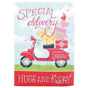 Magnolia Garden Special Delivery Hugs and Kisses Dog on Scooter 30 x 44 Inch Polyester Garden Flag - 1 of 2
