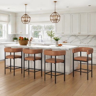Arceso Barrel Bar Stools Set of 4, 26 Inch Upholstered Barstools with Arms & Metal Frame, Counter Height Bar Stools with Curved Backrest