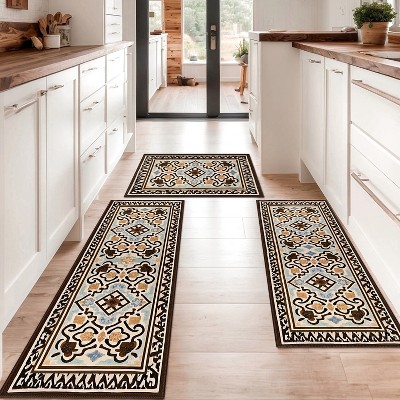 TOBILI Kitchen Rugs Sets 3 Piece,Non Slip Kitchen Rugs and Mats Non Skid Washable, Bohemian Kitchen Floor Mat Farmhouse for Hallway Entryway,brown