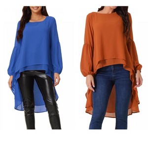 INSPIRE CHIC Women's Lantern Long Sleeve Round Neck High Low Irregular Hem Casual Blouse 2 Packs - 1 of 4