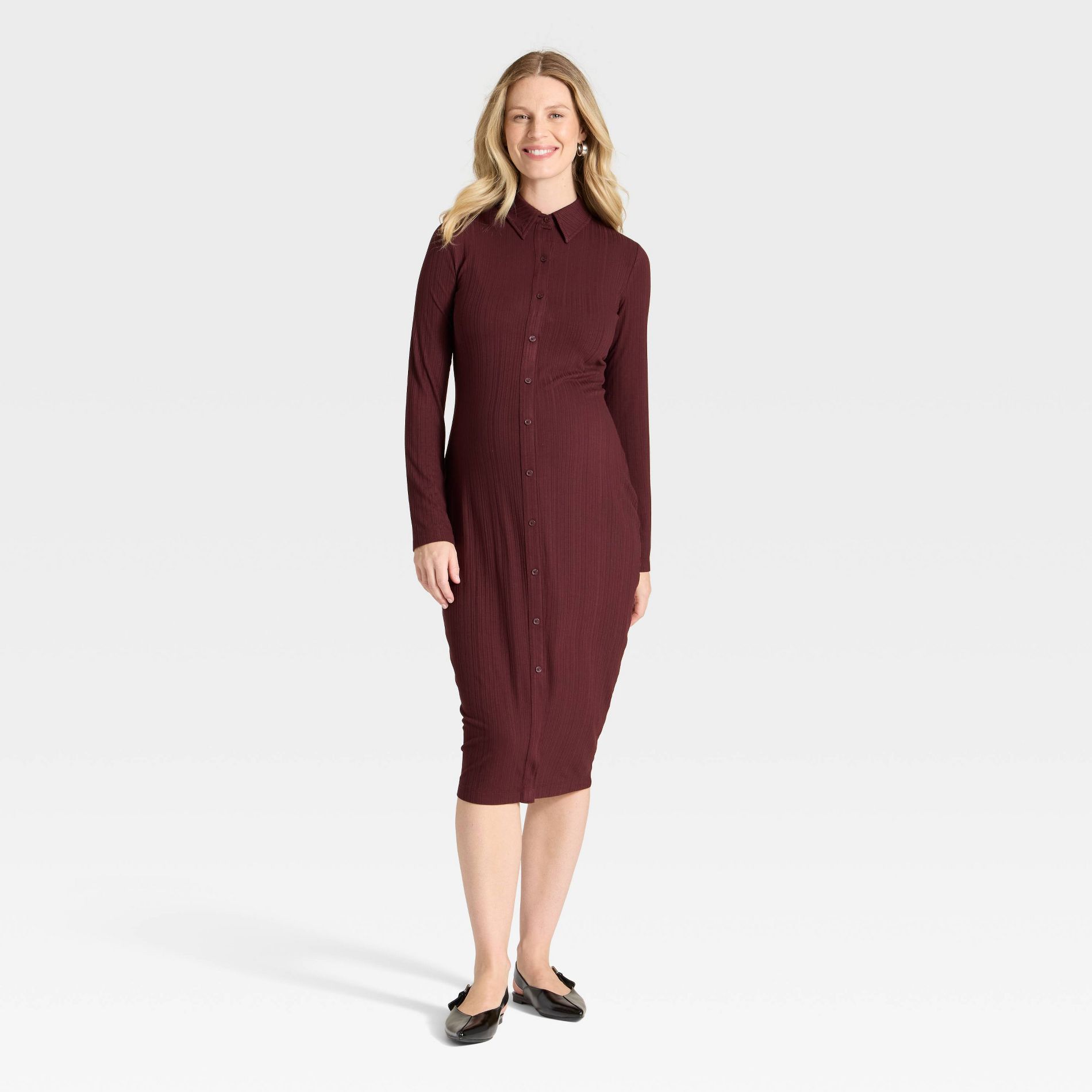 Long Sleeve Ribbed Midi Maternity A-Line Dress - Isabel Maternity by Ingrid & Isabel™ Burgundy M