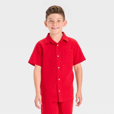 Boys' Short Sleeve 4th of July Gauze Checkerboard Button-Down Shirt - Cat & Jack™ Red
