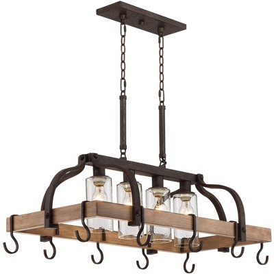 Eldridge Bronze and Wood Pot Rack Chandelier with Seeded Glass