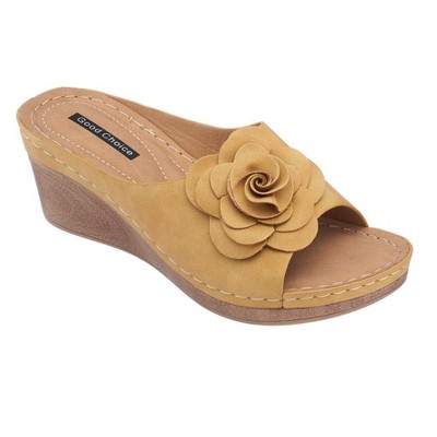 GC Shoes Tokyo Yellow 8 Flower Comfort Slide Wedge Sandals