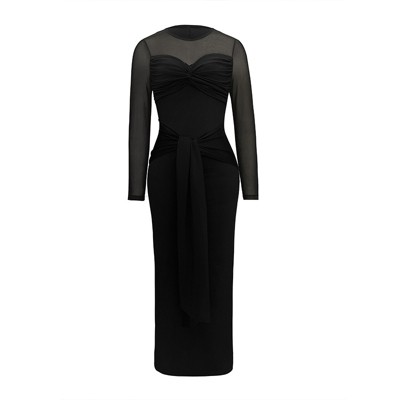 Elegant Twist Sheer Mesh Patchwork Long Sleeve Bodycon Dress Women Round Neck Slim Fit Dress