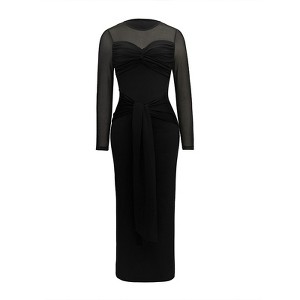Elegant Twist Sheer Mesh Patchwork Long Sleeve Bodycon Dress Women Round Neck Slim Fit Dress - 1 of 4