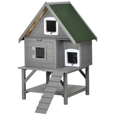 Gray Wooden 3-Story Outdoor Cat House with Weatherproof Roof