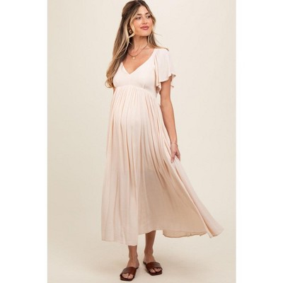 PinkBlush Cream V-Neck Flutter Short Sleeve Maternity Midi Dress