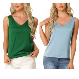 INSPIRE CHIC Women's 2 Pcs Tank Top Silky Satin Casual Basic V Neck Sleeveless Camisole - 1 of 4