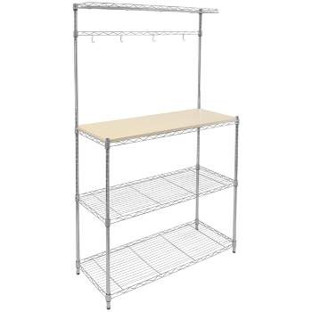 Mount-It! Baker's Rack with Wood Table | Kitchen Storage Shelf Rack with Hooks | Microwave Oven Stand Heavy-Duty Metal Frame