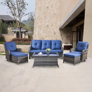 POCASSY 6 Piece Rattan Wicker Patio Conversation Set with Swivel Chairs, Patio Furniture Set with Patio Couch Swivel Chair Coffee Table Ottoman - 1 of 4