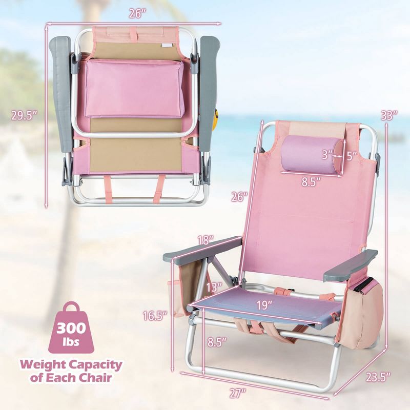 Costway 4-Pack Folding Backpack Beach Chair 5-Position Outdoor Reclining Chairs with Pillow Pink/Yellow/Blue/Dark Blue, 3 of 10