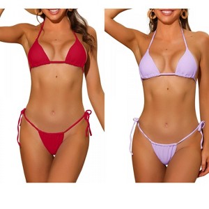INSPIRE CHIC Women's Halter Tie Side Drawstring Thong Triangle Bottoms Basic Bikini Sets Swimsuits 2 Sets - 1 of 4
