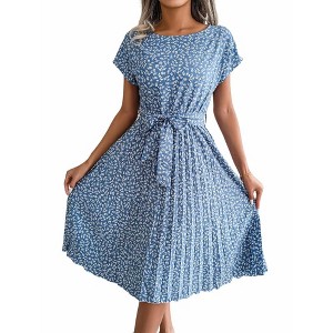 Coolmee Women Summer Maxi Dress Casual Short Sleeve Crewneck Floral Print High Waist Swing Pleated  Flowy Fashion Belted Sundresses L Light Blue - 1 of 4