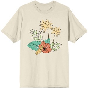 Celestial Tropics Palm Fronds and Hibiscus Flowers Men's Natural T-Shirt - 1 of 3