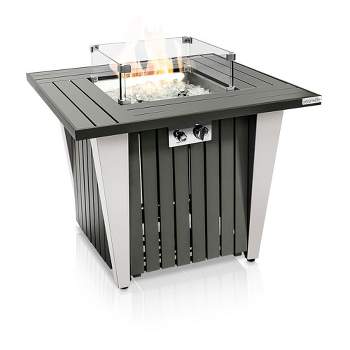 SereneLife 50,000 BTU Outdoor Gas Fire Pit Table - Square with Stainless Steel Lid & Legs for Stylish Ambience and Warmth on Cool Nights