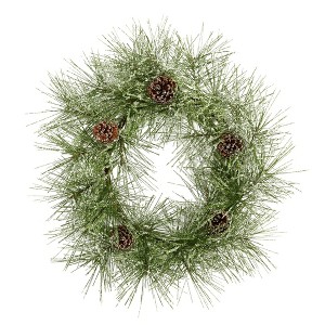 Nearly Natural 24” Iced Pine Artificial Wreath with Pine Cones - 1 of 3