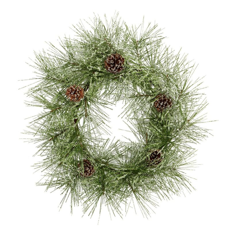 Nearly Natural 24” Iced Pine Artificial Wreath with Pine Cones, 1 of 4