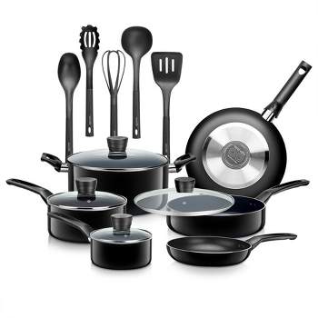 SereneLife 15 Piece Essential Home Heat Resistant Non Stick Kitchenware Cookware Set w/ Fry Pans, Sauce Pots, Dutch Oven Pot, and Kitchen Tools, Black