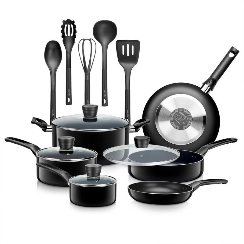 SereneLife 15 Piece Essential Home Heat Resistant Non Stick Kitchenware Cookware Set w/ Fry Pans, Sauce Pots, Dutch Oven Pot, and Kitchen Tools, Black, 1 of 8