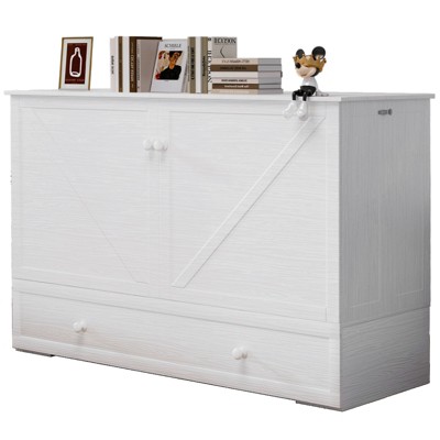 Mjkone Queen Size Murphy Bed With Large Storage Drawer, Cabinet Bed With Folding Mattress, Murphy Cube Chest Bed With Usb Charging Station