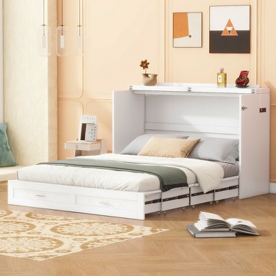 Full/Queen Size Murphy Bed Wall Bed with Drawers, Outlets and USB Ports, Pulley Structure Design, White/Gray-ModernLuxe