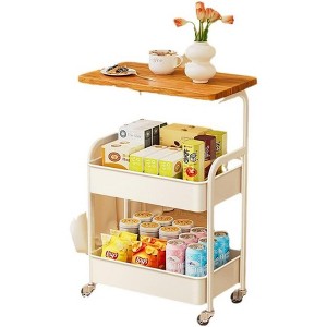 3-Tier Rolling Cart w/Wooden Tabletop, Utility Cart w/Lockable Wheels, Multipurpose Storage Organizer Trolley for Kitchen, Office, Bedroom - 1 of 3