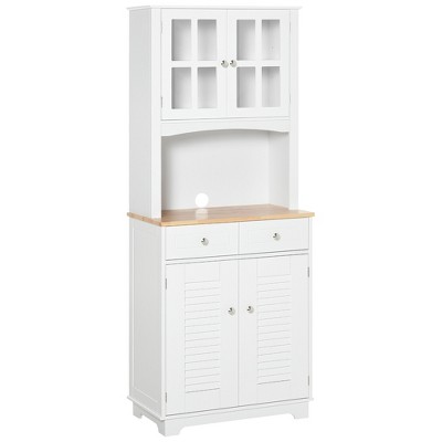 HOMCOM 67" Modern Buffet with Hutch, Louvered Kitchen Pantry Microwave Cabinet with Framed Glass Doors and 2 Drawers, White
