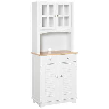 HOMCOM 67" Modern Buffet with Hutch, Louvered Kitchen Pantry Microwave Cabinet with Framed Glass Doors and 2 Drawers, White