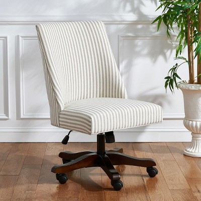 Beige Stripe Armless Swivel Desk Chair with Wooden Base