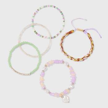 Mixed Bead and Simulated Pearl Heart Stretch Bracelet Set 5pc - Wild Fable™ Green/Purple