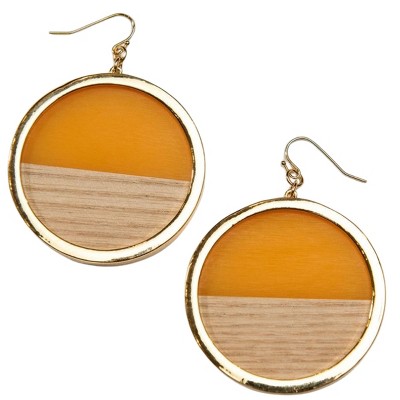 Golden Yellow Enamel Wood Circle Earrings