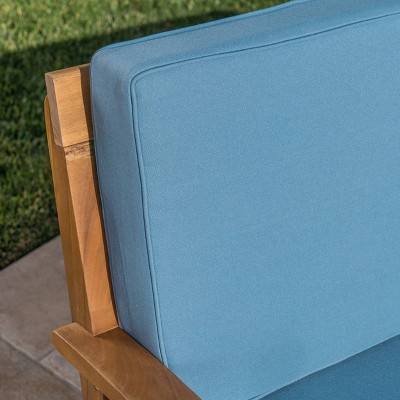 Acacia Wood Loveseat and Coffee Table Set with Blue Cushions