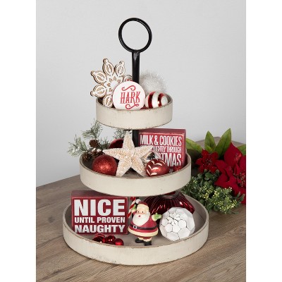 Rustic Farmhouse Antique-White 3-Tiered Round Wood & Metal Tray