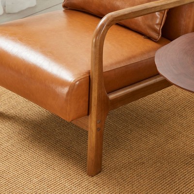 Mid-Century Modern Yellowish Brown Faux Leather Accent Chair with Walnut Wood Frame