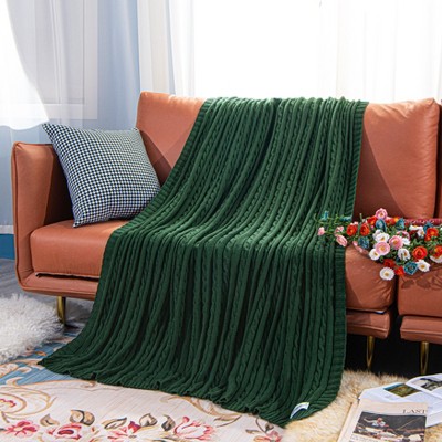 Cotton Cable Knit Twin Blanket, Super Soft Warm Knitted Blanket, 60x80 Inches, Dark Green - NTBAY