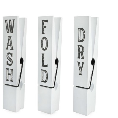 AuldHome Design Laundry Room Wall Art, 3pc Set; Rustic Wood Clothespin Shaped Laundry Decor
