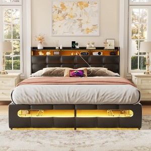 Aheaplus Upholstered Bed Frame with Storage Headboard, Charging Station, LED Light - 1 of 4