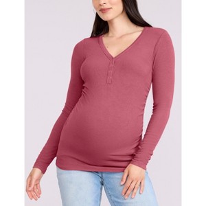 Women's V-Neck Side-Ruched Long Sleeve Henley Tee | Motherhood Maternity - 1 of 4