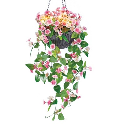 Pink Cascading Artificial Floral Hanging Basket with Lights