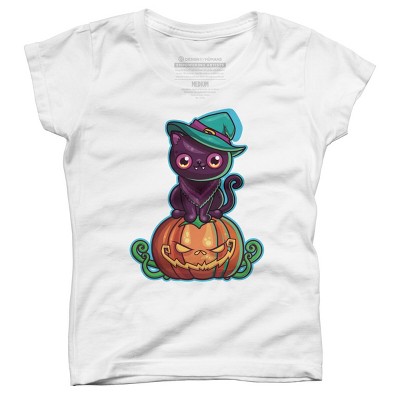 Girl's Design By Humans Ferociously Cute Halloween Vampire Witch Kitty Cat By LittleBunnySunshine T-Shirt