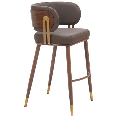 Barstool – 39.4" H, Faux Leather in Brown & Walnut Finish With Steel Legs– Modern by Zuo Modern