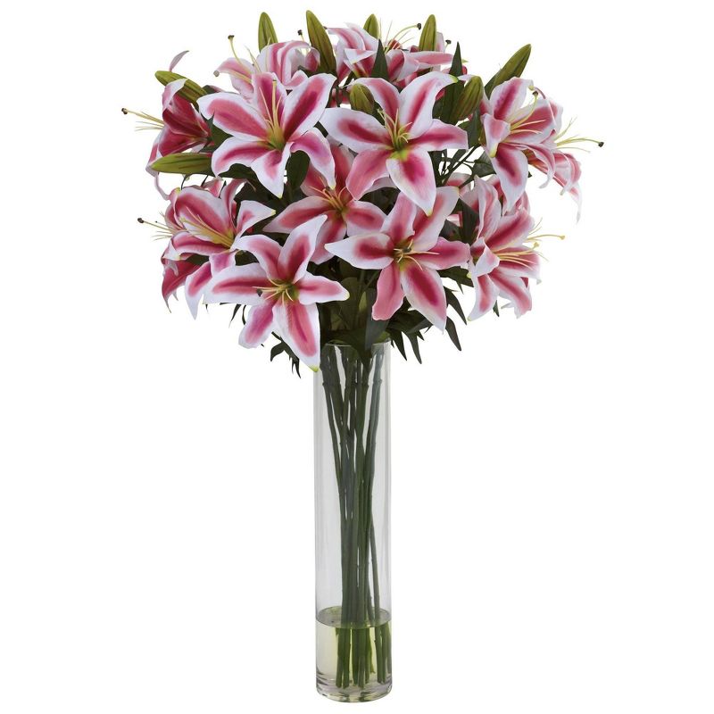 Nearly Natural 34-in Rubrum Lily with Large Cylinder Floral Arrangement, 1 of 2
