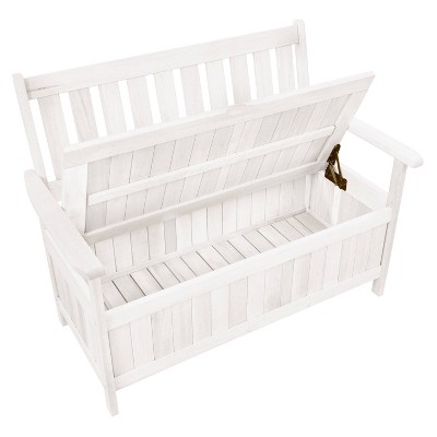 Whitewashed Shorea Wood Outdoor Storage Bench with Slatted Back